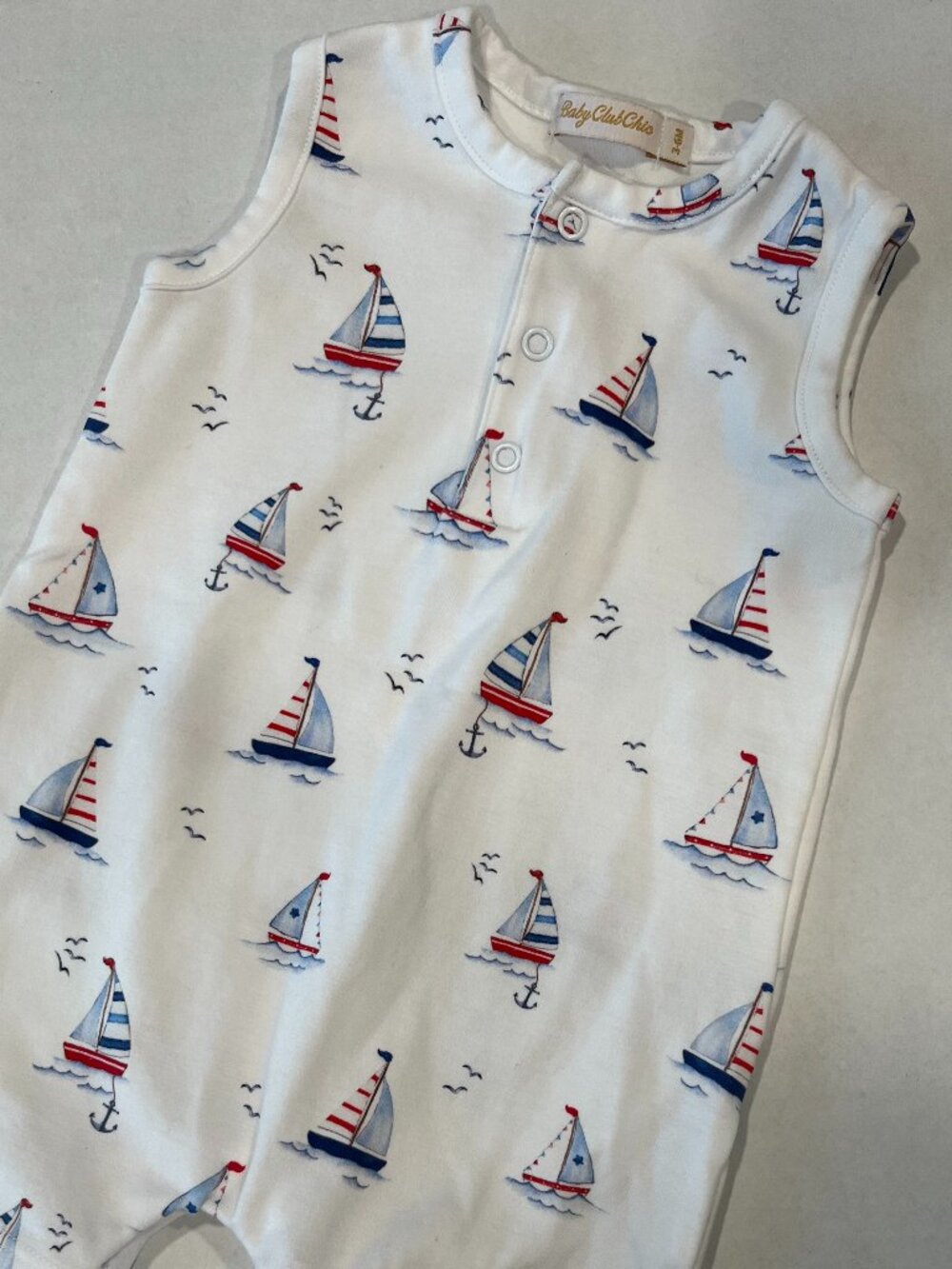 ⛵Baby - 3-6M - Baby Club Chic Sleeveless Romper with Red White & Blue Sail Boats